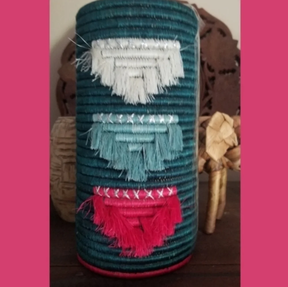 Handmade RWANDA VASE w glass insert fringe  boho tribal teal pink
